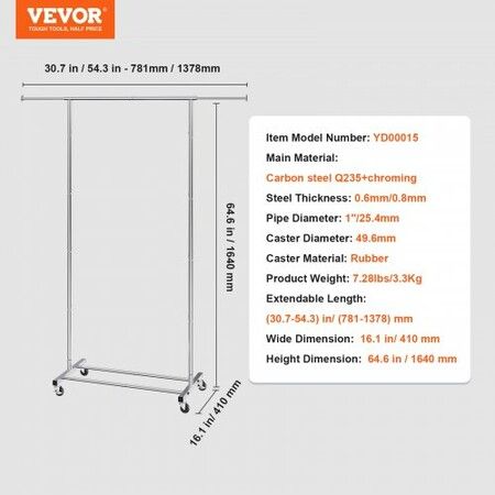 Clothes Rack with Wheels Heavy Duty Clothing Garment Rack with Hanging Rod and Bottom Storage Area Adjustable Length Clothing Rack 2 Lockable Wheels