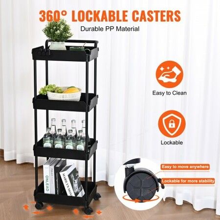 4-Tier Kitchen Rolling Cart Basket Utility Cart on Wheel with Handle Black