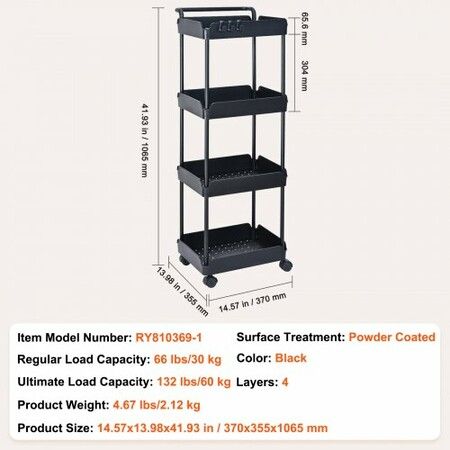 4-Tier Kitchen Rolling Cart Basket Utility Cart on Wheel with Handle Black