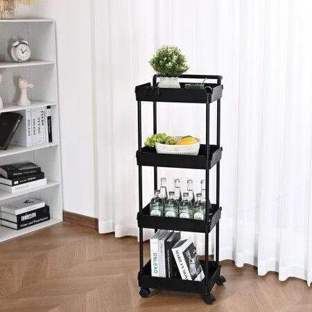 4-Tier Kitchen Rolling Cart Basket Utility Cart on Wheel with Handle Black