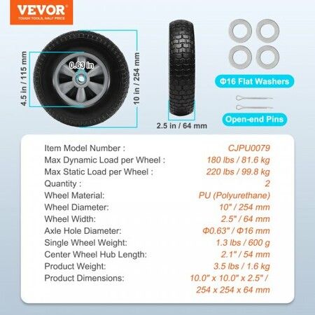 Solid PU Run-Flat Tire Wheel 254 mm 2-Pack 81.6 kg Dynamic Load 99.8 kg Static Load Flat Free Tubeless Tires and Wheels