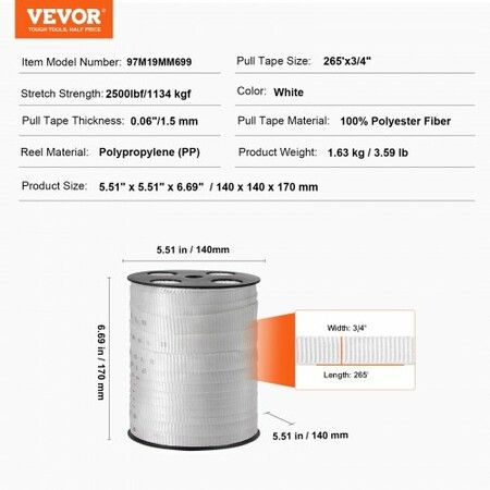 Polyester Pulling Tape Mule Tape 1.9 cm x 80.8 m 1134 kgf Tensile Capacity