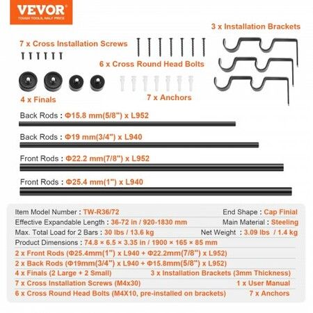 Double Rod Curtain Rods 36-72 inches(3-6ft) Adjustable Length Black Double Curtain Rods with Cap Finials 1" and 3/4" Diameter Double Window Drapery Rod