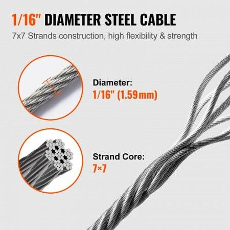 1/16 Wire Rope Kit 304 Stainless Steel Cable with 80 Sleeves and 20 Thimbles 7x7 Strands Construction Marine Aircraft Grade for Handrail Decking Garden