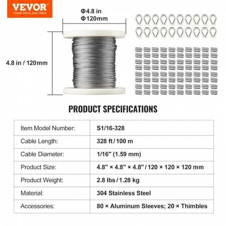 1/16 Wire Rope Kit 304 Stainless Steel Cable with 80 Sleeves and 20 Thimbles 7x7 Strands Construction Marine Aircraft Grade for Handrail Decking Garden