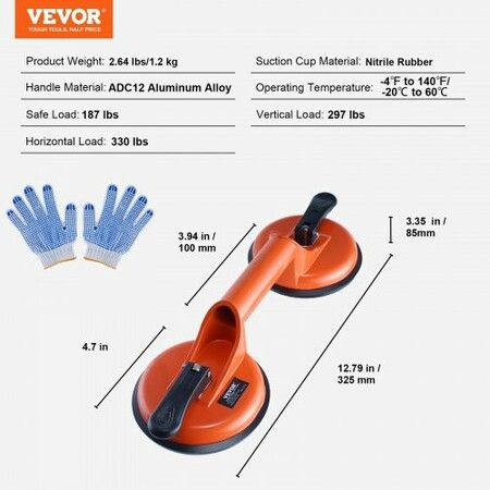 Glass Suction Cup 119 mm 2 Pack 150 kg Load Capacity Vacuum Suction Cup with Aluminum Handle Heavy Duty Industrial Suction Cup Lifter Tool