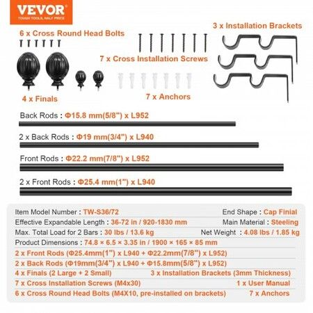 Double Rod Curtain Rods 36-72 inches(3-6ft) Adjustable Length Black Double Curtain Rods with Round Finials 1" and 3/4" Diameter Double Window Drapery Rod