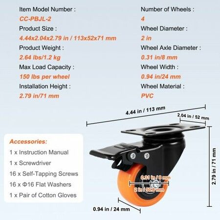 Caster Wheels 50.8 mm Swivel Plate Casters Set of 4 with Security Dual Locking No Noise PVC Wheels Heavy Duty 68 kg Load Capacity Per Caster