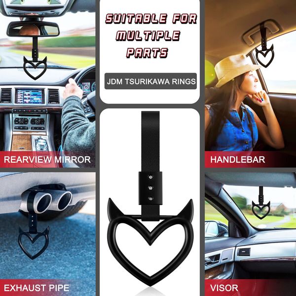 4 Pcs Devil Love-Shaped Handle Ring Bumper Warning Car Accessory Decorative Loops for Car Interior Exterior Decoration(Black with Black Suspenders)