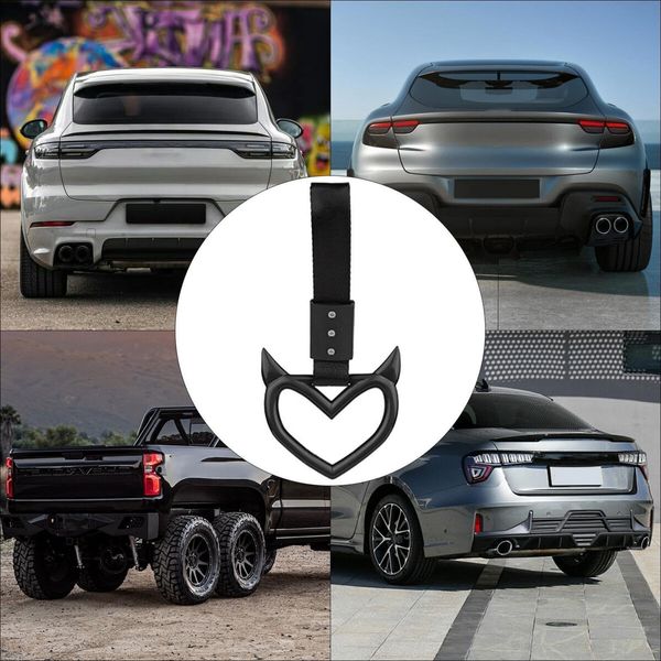 4 Pcs Devil Love-Shaped Handle Ring Bumper Warning Car Accessory Decorative Loops for Car Interior Exterior Decoration(Black with Black Suspenders)