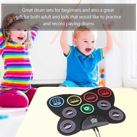 Electronic Drum Set, 9 Pads Roll Up Drum Pad Electric Drum Set with Headphone Jack, Xmas Birthday Surprise for Kids Age 3 Up