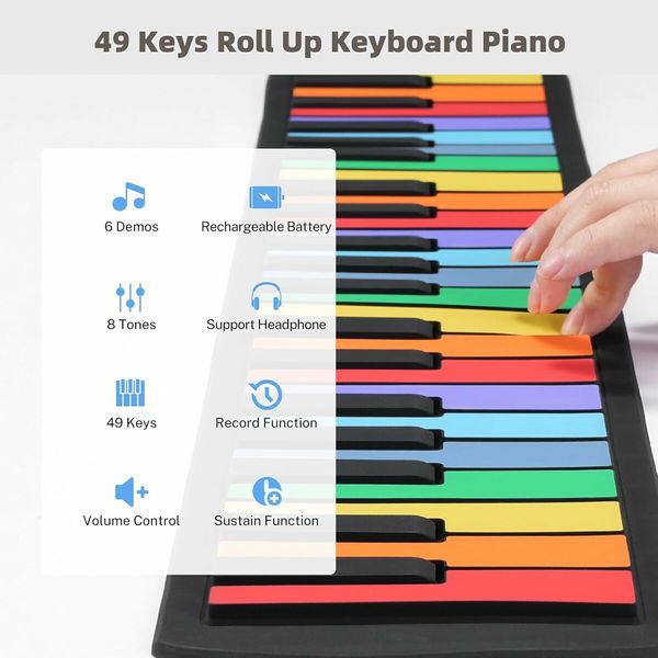 49 Key Roll Up Keyboard Piano, Portable Digital Electric Foldable Piano Keyboard, Rechargeable, 8 Tones, for Beginners Gift, Rainbow