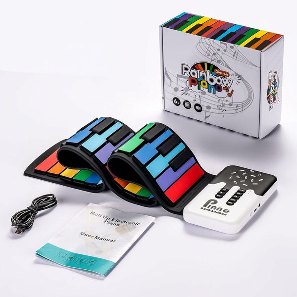 49 Key Roll Up Keyboard Piano, Portable Digital Electric Foldable Piano Keyboard, Rechargeable, 8 Tones, for Beginners Gift, Rainbow