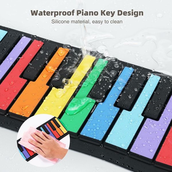 49 Key Roll Up Keyboard Piano, Portable Digital Electric Foldable Piano Keyboard, Rechargeable, 8 Tones, for Beginners Gift, Rainbow