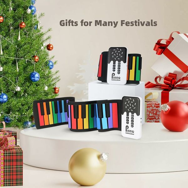 49 Key Roll Up Keyboard Piano, Portable Digital Electric Foldable Piano Keyboard, Rechargeable, 8 Tones, for Beginners Gift, Rainbow