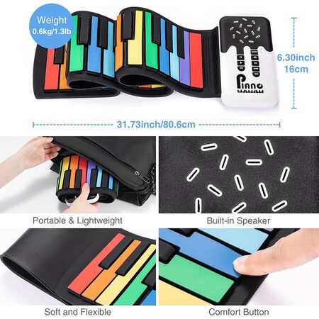 49 Key Roll Up Keyboard Piano, Portable Digital Electric Foldable Piano Keyboard, Rechargeable, 8 Tones, for Beginners Gift, Rainbow