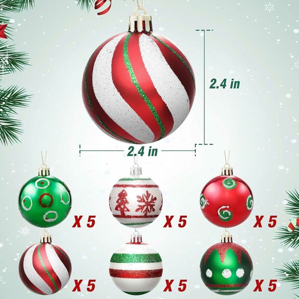 30 Pieces Christmas Ball Ornaments for Christmas Tree, Red Green and White Painting Christmas Tree Decoration  for Christmas Tree Decoration