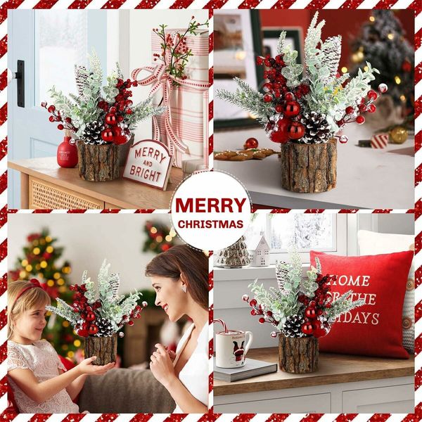 Small Christmas Tree Tabletop Artificial Mini Christmas Tree Decorations with Holiday Ornaments Red Berry Pine Cone Greenery for Home Indoor