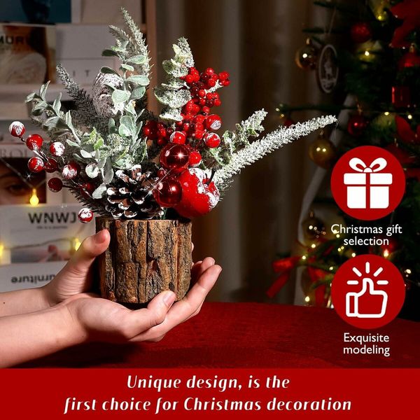 Small Christmas Tree Tabletop Artificial Mini Christmas Tree Decorations with Holiday Ornaments Red Berry Pine Cone Greenery for Home Indoor