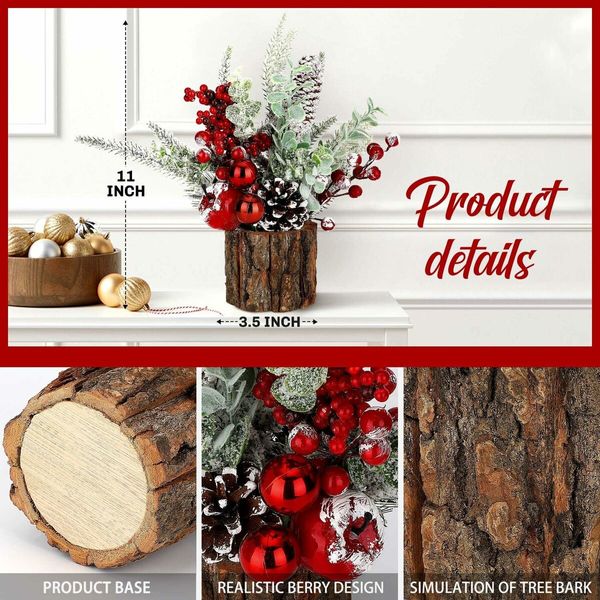 Small Christmas Tree Tabletop Artificial Mini Christmas Tree Decorations with Holiday Ornaments Red Berry Pine Cone Greenery for Home Indoor