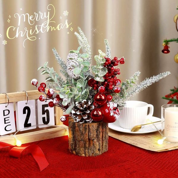 Small Christmas Tree Tabletop Artificial Mini Christmas Tree Decorations with Holiday Ornaments Red Berry Pine Cone Greenery for Home Indoor