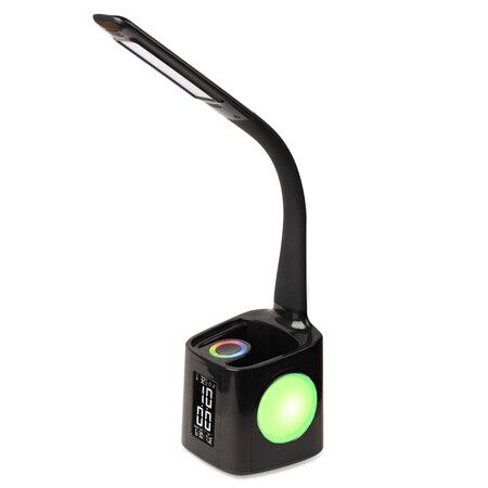 LED Desk Lamp with Clock, Color Changing Nightlight Pen Holder,Desk Light with USB Charger,Table Light for Home,Office,Bedroom-Black