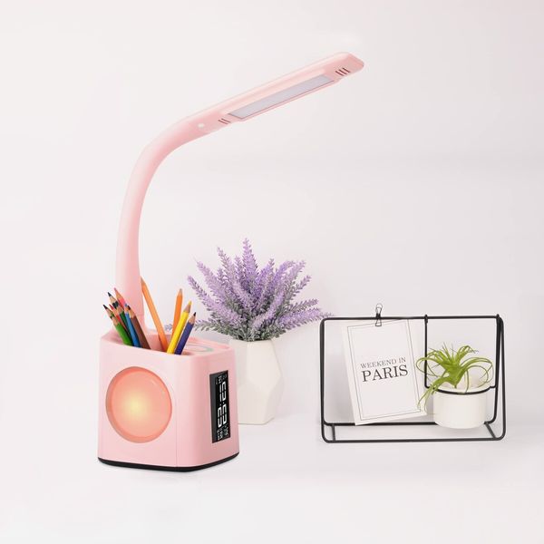 LED Desk Lamp with Clock, Color Changing Nightlight Pen Holder,Desk Light with USB Charger,Table Light for Home,Office,Bedroom-Pink