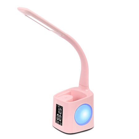 LED Desk Lamp with Clock, Color Changing Nightlight Pen Holder,Desk Light with USB Charger,Table Light for Home,Office,Bedroom-Pink