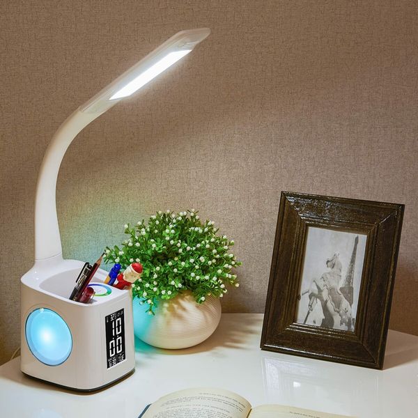 LED Desk Lamp with Clock, Color Changing Nightlight Pen Holder,Desk Light with USB Charger,Table Light for Home,Office,Bedroom-White