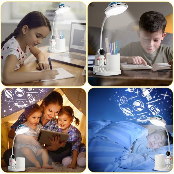 Astronaut Desk Lamp for Kids,Star Space Projector Space Rocket Lamps, Lights with Pen Holder,Step-Less Dimming Lighting for Bedroom