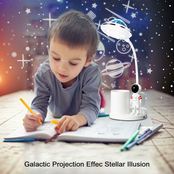 Astronaut Desk Lamp for Kids,Star Space Projector Space Rocket Lamps, Lights with Pen Holder,Step-Less Dimming Lighting for Bedroom