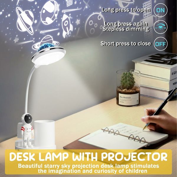 Astronaut Desk Lamp for Kids,Star Space Projector Space Rocket Lamps, Lights with Pen Holder,Step-Less Dimming Lighting for Bedroom