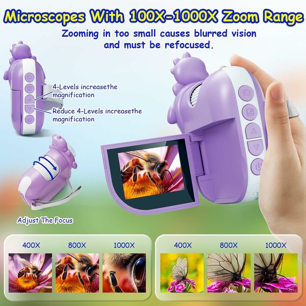 Portable 1000X Digital Handheld Microscope Built-in 8 LED Lamp Beads Telescope Educational Science Kit for Kids 3+ Ages,Purple