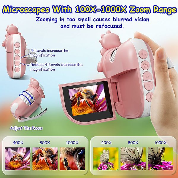 Portable 1000X Digital Handheld Microscope Built-in 8 LED Lamp Beads Telescope Educational Science Kit for Kids 3+ Ages,Pink