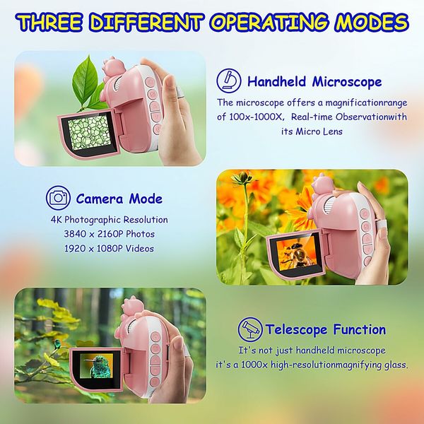 Portable 1000X Digital Handheld Microscope Built-in 8 LED Lamp Beads Telescope Educational Science Kit for Kids 3+ Ages,Pink