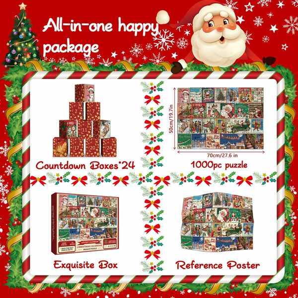 Christmas Advent Calendar Puzzle 1000 Piece,Christmas Countdown Calendar 2025 Jigsaw Puzzle,Holiday Santa Puzzle