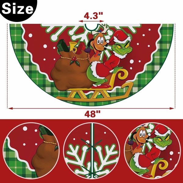 48 inches Snowflake Dog Gifts Xmas Tree Skirt, Green Buffalo Plaid Check Rustic Large Home Decoration New Year Party Decor