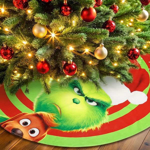 48in Green Christmas Tree Skirt for Merry Christmas Party Christmas Tree Decorations Green Monster and Dog