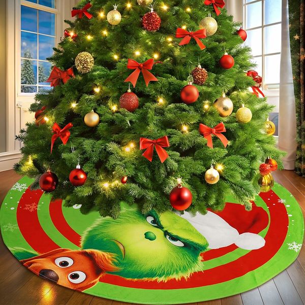 48in Green Christmas Tree Skirt for Merry Christmas Party Christmas Tree Decorations Green Monster and Dog