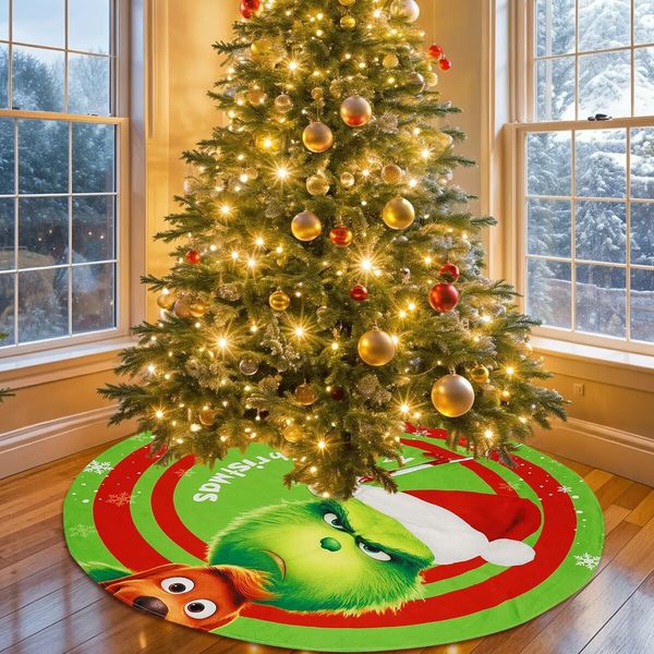 48in Green Christmas Tree Skirt for Merry Christmas Party Christmas Tree Decorations Green Monster and Dog