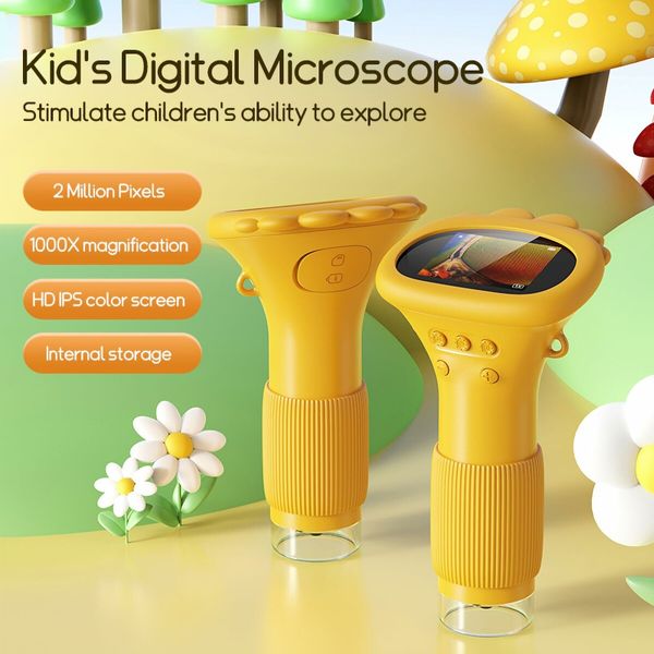 Kids Portable Microscope with 2 Inch Screen 200x Zoom Mini Digital Handheld Magnifying Glass Camera,Christmas Gifts for Age 3+(Yellow)