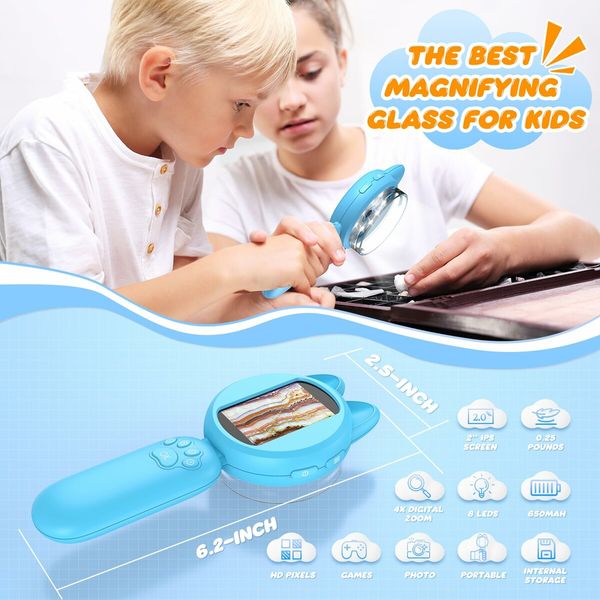 Portable Microscope for Kids 2 Inches LCD Screen with 8 LED Lights,Learning and Education Toys Miniscope Geology-Blue