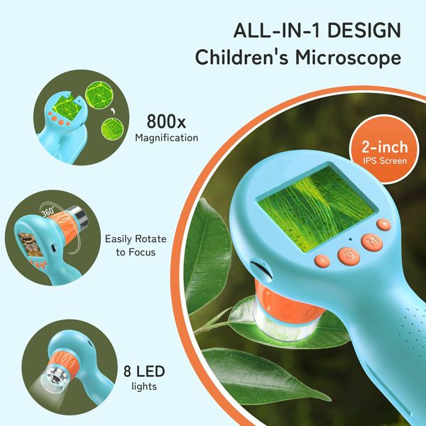 Digital Microscope,800X Handheld Microscope with 2 Inch IPS Screen,Photo & Video Portable Microscope with Adjustable Lights,Gift