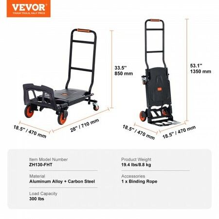 Aluminum Hand Truck 2 in 1 136 kg Max Load Capacity Heavy Duty Industrial Convertible Folding Hand Truck and Dolly Utility Cart Converts from Hand Truck