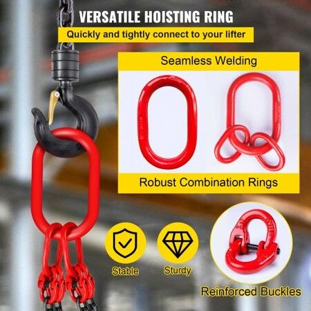 Chain Sling 9/32" X 10' Engine Lift Chain G80 Alloy Steel Engine Chain Hoist Lifts 3 Ton with 4 Leg Grab Hooks and Adjuster