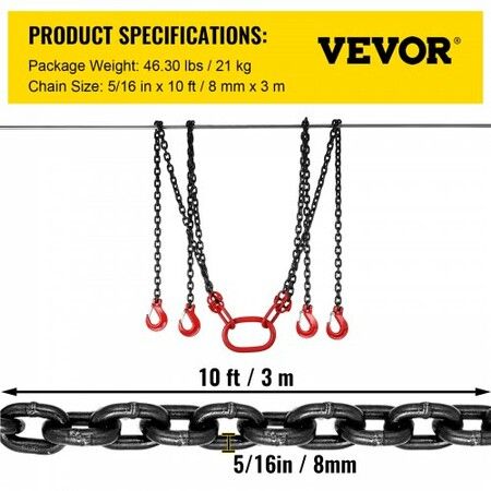 Chain Sling 9/32" X 10' Engine Lift Chain G80 Alloy Steel Engine Chain Hoist Lifts 3 Ton with 4 Leg Grab Hooks and Adjuster