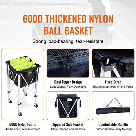 Foldable Tennis Ball Hopper Holds 180 Tennis Balls Lightweight Aluminum Alloy Tennis Ball Basket Cart with Wheels Removable Bag Carry Bag Portable Sports