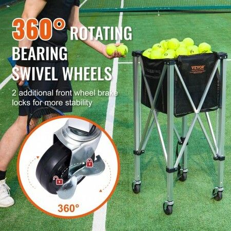 Foldable Tennis Ball Hopper Holds 180 Tennis Balls Lightweight Aluminum Alloy Tennis Ball Basket Cart with Wheels Removable Bag Carry Bag Portable Sports