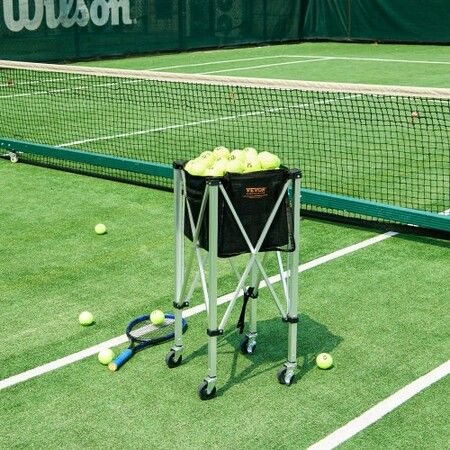 Foldable Tennis Ball Hopper Holds 180 Tennis Balls Lightweight Aluminum Alloy Tennis Ball Basket Cart with Wheels Removable Bag Carry Bag Portable Sports