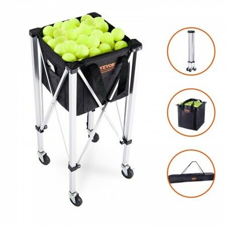 Foldable Tennis Ball Hopper Holds 180 Tennis Balls Lightweight Aluminum Alloy Tennis Ball Basket Cart with Wheels Removable Bag Carry Bag Portable Sports